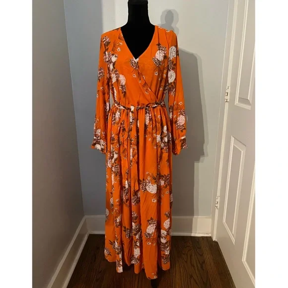 Orange Floral, V-Neck Maxi Dress - Picture 8 of 14